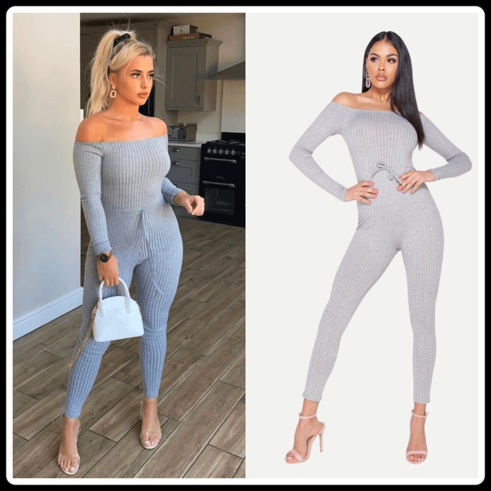 Rib Knit Long Sleeve Bardot Jumpsuit Grey